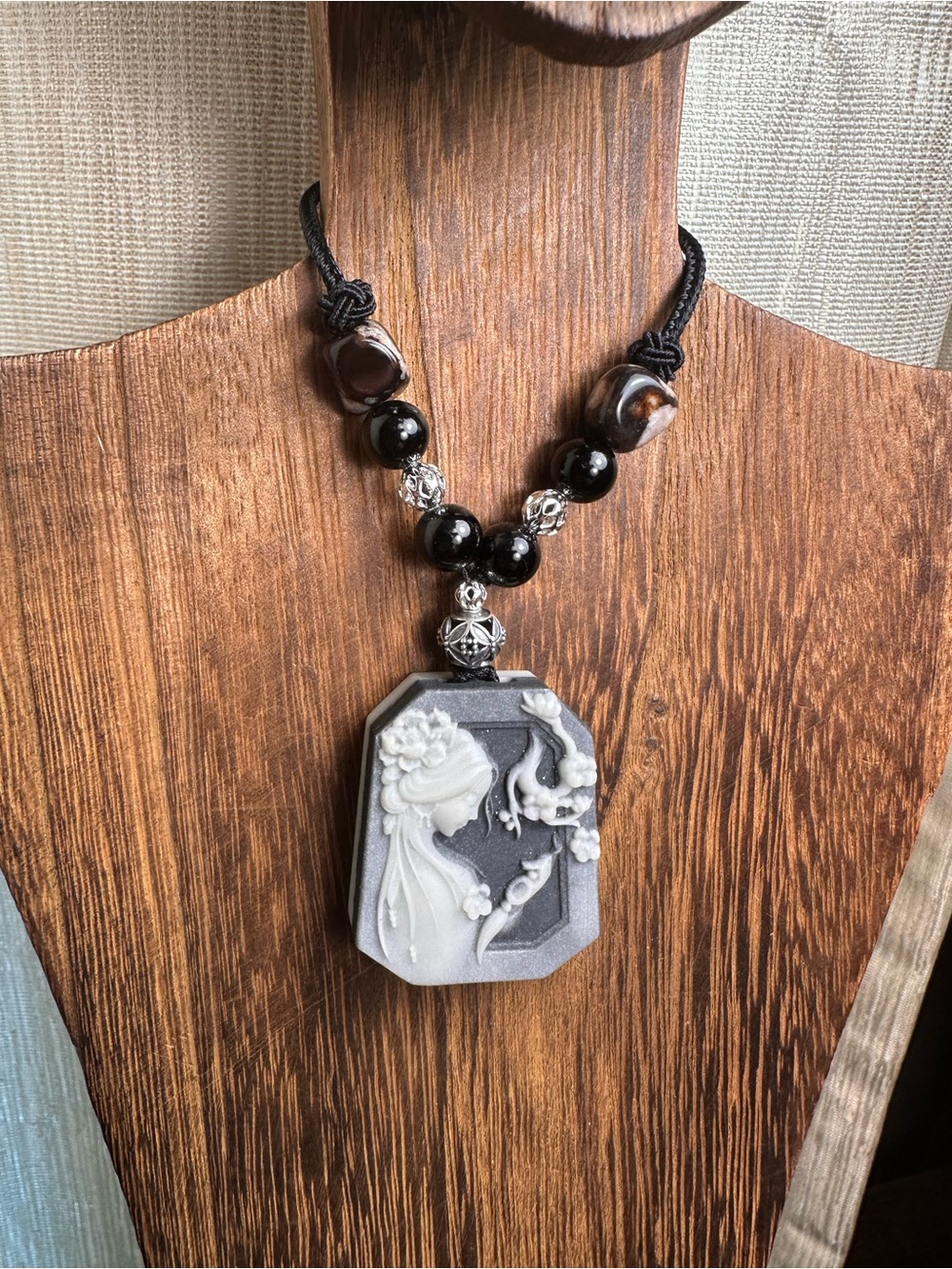 Tai Chi Stone Cameo Carving Pendant on Black Beaded Adjustable Rope with Agate